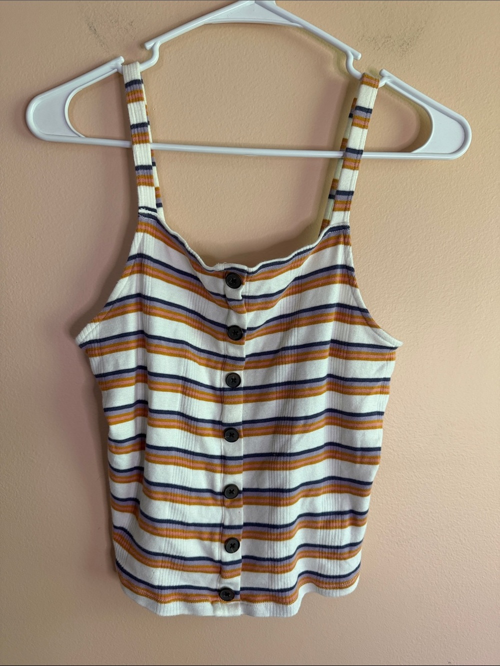 American Eagle Outfitters White Tank Top with Mustard & Navy Stripes